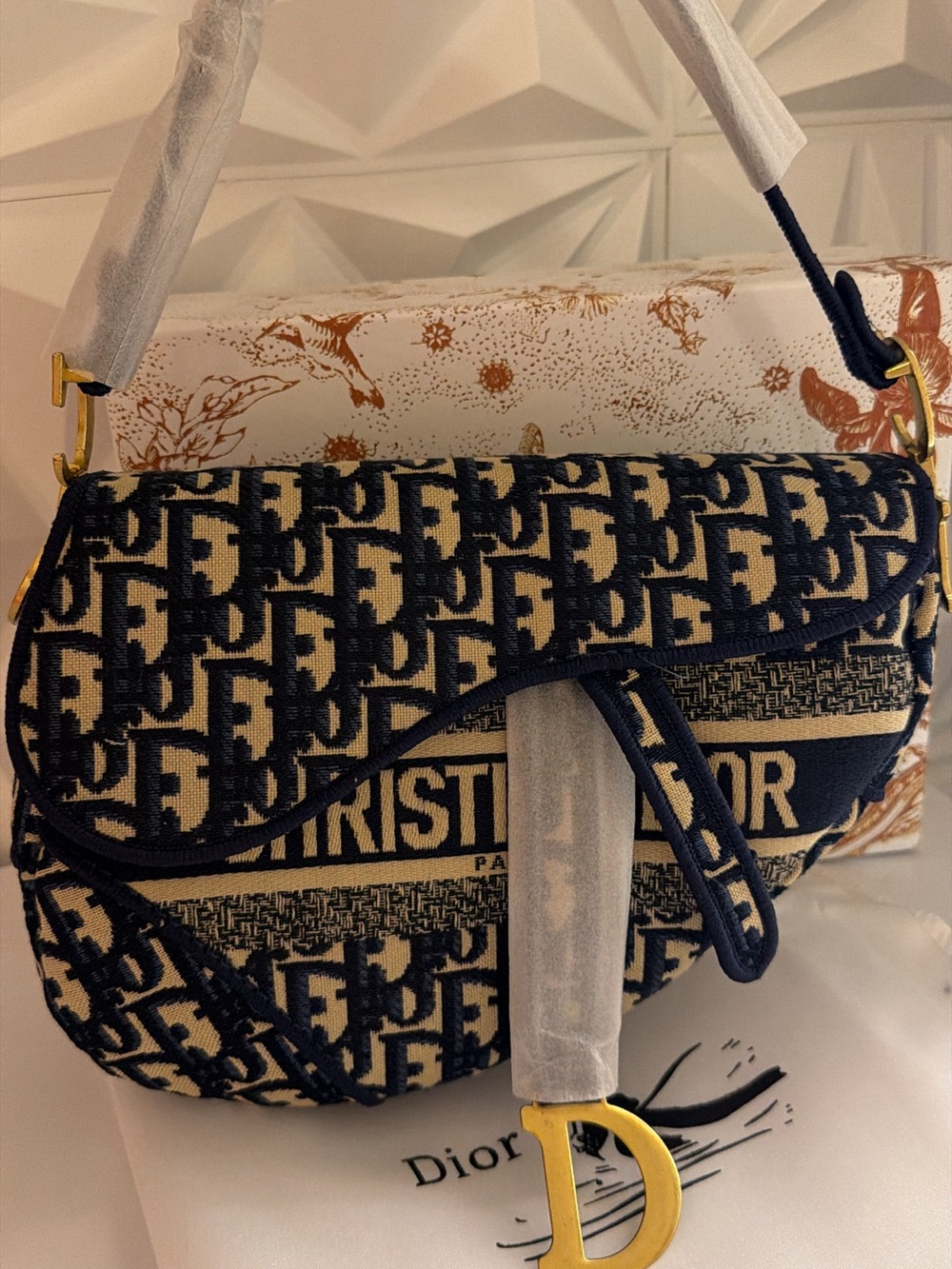 Dior Navy and Cream Saddle Bag with Signature Logo Jacquard